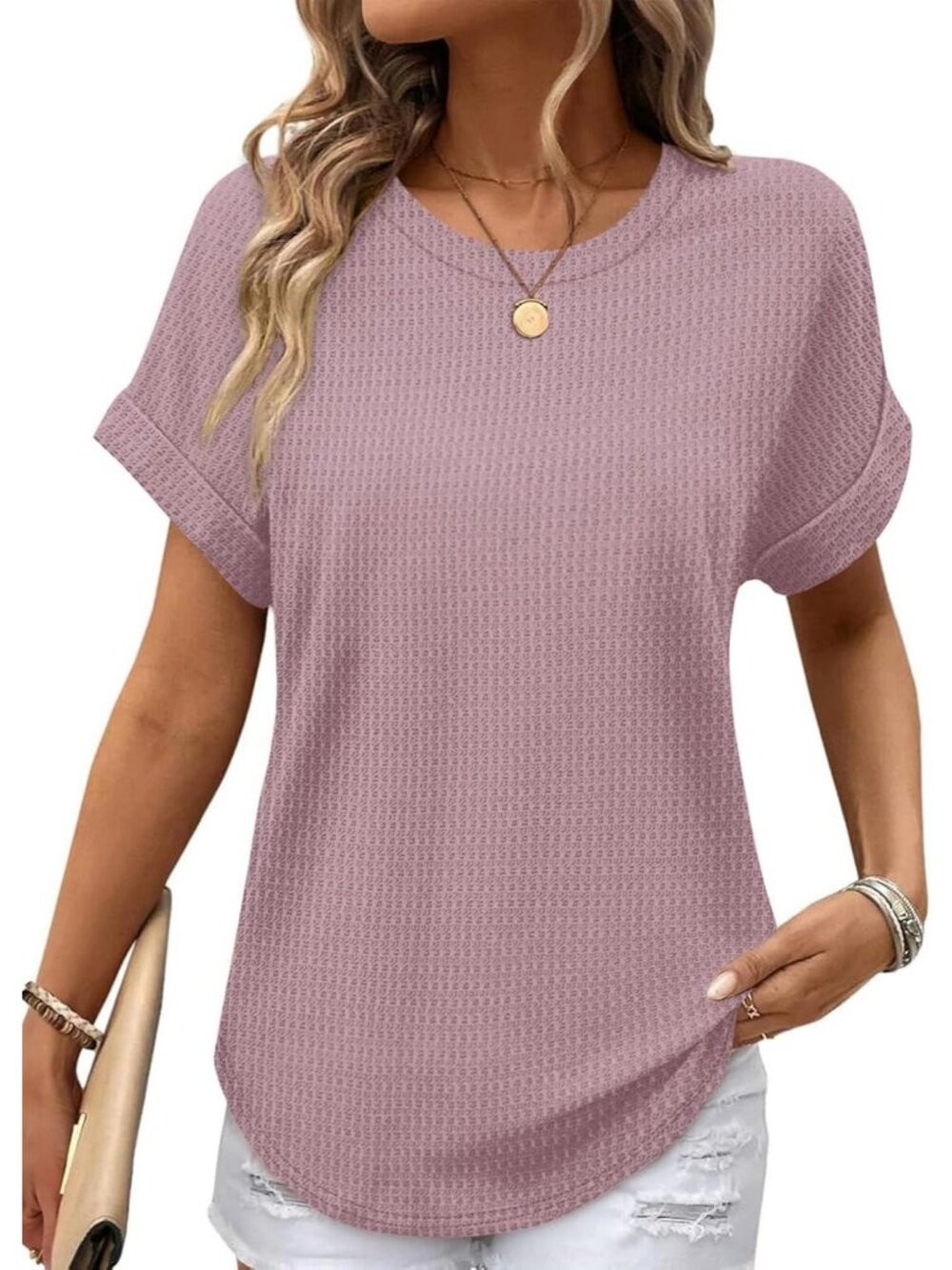 Women's Dusty Pink Polyester Blend Short Sleeve V Neck Pull On Henley Shirts